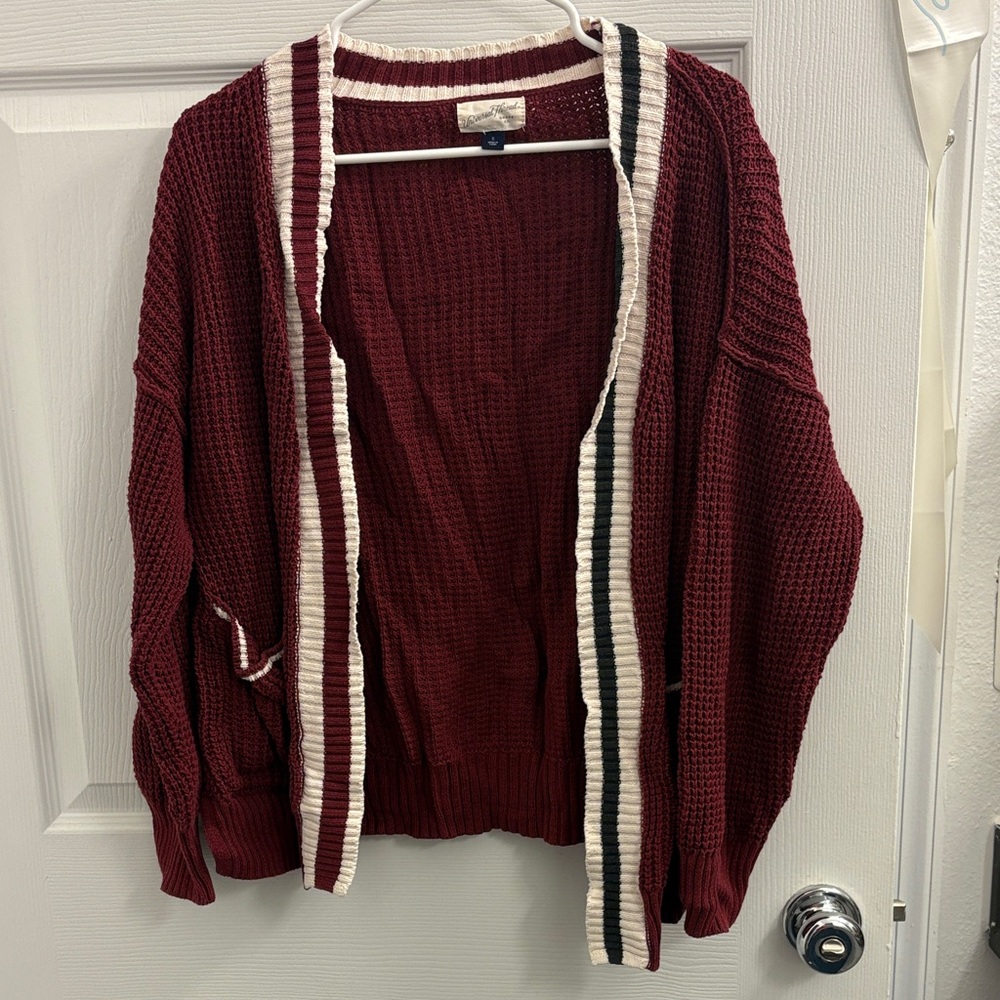 Universal Thread Maroon Cardigan with Striped Trim